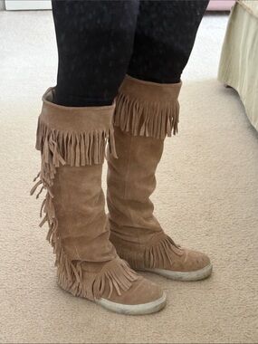 Jeffrey Campbell Tan Suede Fringe Knee-High Boots